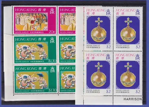 Hongkong 1977 Thronjubiläum Elisabeth II. Mi.-Nr. 331-333 Eckrandviererblocks **