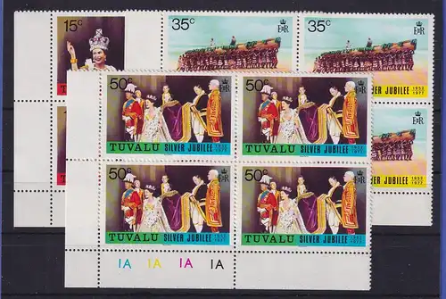 Tuvalu 1977 Thronjubiläum Elisabeth II. Mi.-Nr. 43-45 Eckrandviererblocks **