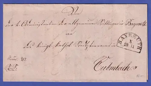 Bayern Vorphila-Brief mit Halbkreisstempel BAYREUTH nach Kulmbach 1845