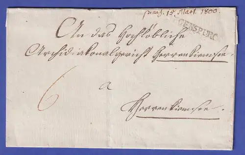 Bayern Vorphila-Brief mit Einzeiler REGENSPURG nach Herrenchiemsee 1800