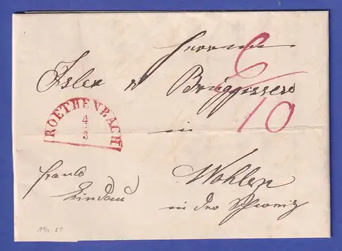 Bayern Vorphila-Brief mit rotem Halbkreisstempel ROETHENBACH n. Wohlen (CH) 1849