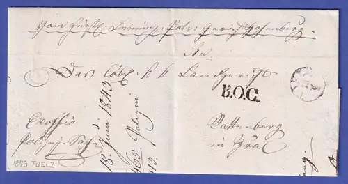 Bayern Vorphila-Brief mit Fingerhut-O TOELZ und Grenzübergangsstempel B.O.C 1843