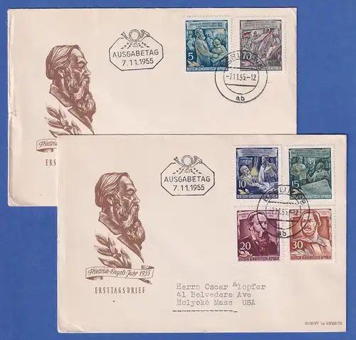 DDR 1955 Friedrich Engels Mi.-Nr. 485-90 auf 2 FDC adressiert in die USA 