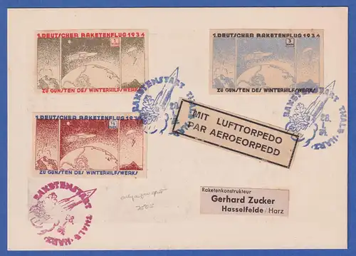 1. Deutscher Raketenflug Raketenpost-Beleg an G. ZUCKER 1934 mit 3 Vignetten 