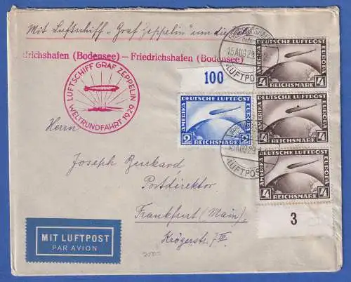 Dt. Reich Zeppelin Weltrundfahrt 1929 kpl. Rundfahrt Brief mit 14RM Porto 