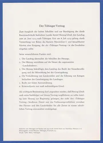 Gedenkblatt 450 Jahre Tübinger Vertrag 1514-1964 mit So.-O auf Berlin 218-21