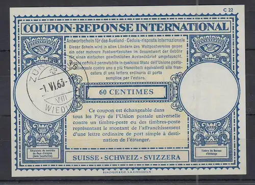 Schweiz Internationaler Antwortschein IAS 60 Centimes gestempelt ZÜRICH 1963