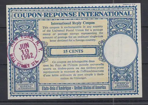 USA Internationaler Antwortschein IAS 15 Cents gestempelt NEW YORK 1962