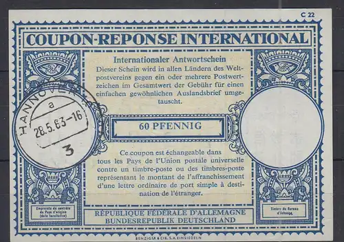 Bund Internationaler Antwortschein IAS 60 Pfennig gestempelt HANNOVER 1963