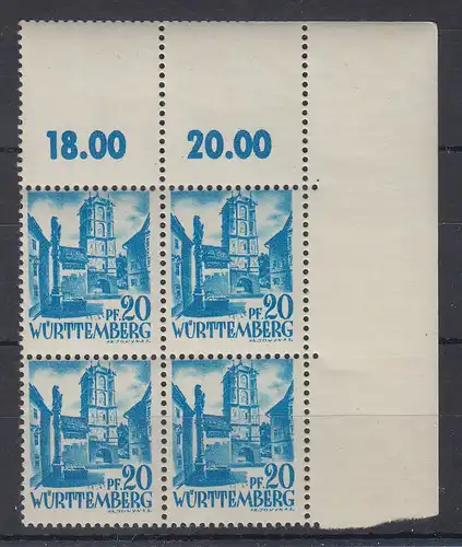 Franz. Zone Württemberg 20 Pfg Mi.-Nr. 7 Eckrand-VB mit Leerfeldern oben **