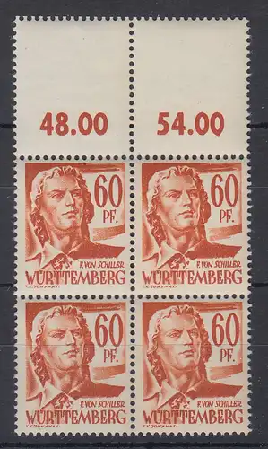 Franz. Zone Württemberg 60 Pfg Mi.-Nr. 10 Oberrand-VB mit Leerfeldern oben **