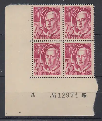 Franz. Zone Württemberg 45 Pfg Mi.-Nr. 9 Eckrand-VB UL mit Bogen-Nr. **