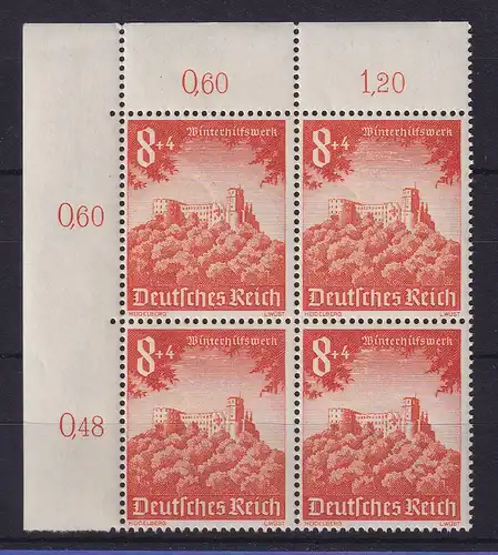 Dt. Reich 1940 WHW Schloss Heidelberg Mi.Nr. 755 Eckrandviererblock **