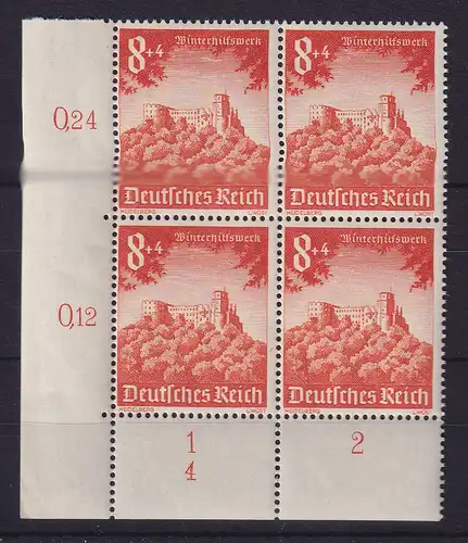 Dt. Reich 1940 WHW Schloss Heidelberg Mi.-Nr. 755 Eckrandviererblock **