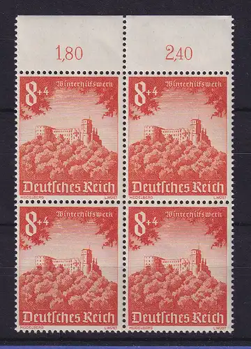 Dt. Reich 1940 WHW Schloss Heidelberg Mi.-Nr. 755 Oberrandviererblock **