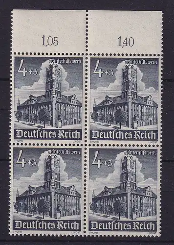 Dt. Reich 1940 WHW Rathaus Thorn (Torun) Mi.-Nr. 752 Oberrandviererblock **