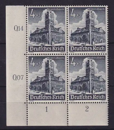 Dt. Reich 1940 WHW Rathaus Thorn (Torun) Mi.-Nr. 752 Eckrandviererblock UL **