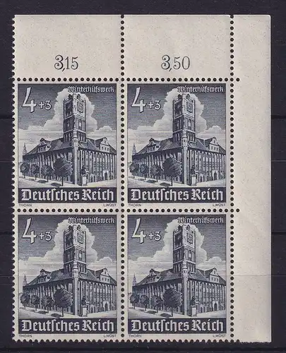 Dt. Reich 1940 WHW Rathaus Thorn (Torun) Mi.-Nr. 752 Eckrandviererblock OR **