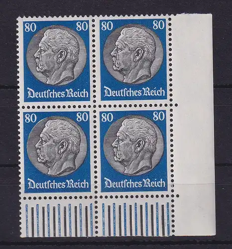 Dt. Reich Hindenburg Waffeln 80 Pfg. Mi.-Nr. 494 Eckrandviererblock UR **