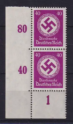 Dt. Reich Dienstmarke 40 Pfg. mit Wz  Mi.-Nr 142 Plattendruck-Eckrandpaar UL **