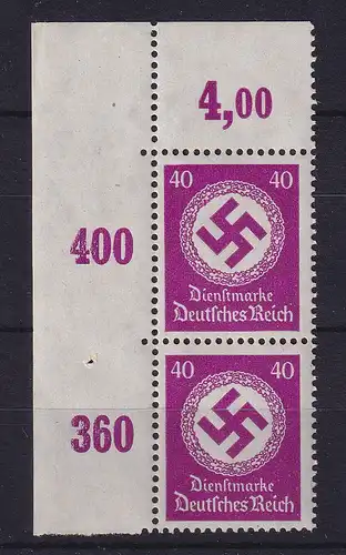 Dt. Reich Dienstmarke 40 Pfg. mit Wz  Mi.-Nr 142 Plattendruck-Eckrandpaar OL **