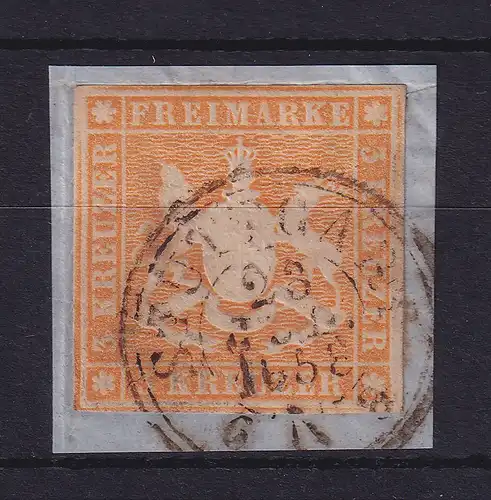 Württemberg Wappen 3 Kreuzer  Mi-Nr. 7  O STUTTGART auf Briefstück (1858)