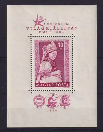 Ungarn 1958 Weltausstellung in Brüssel Mi.-Nr. Block 27 A  postfrisch **