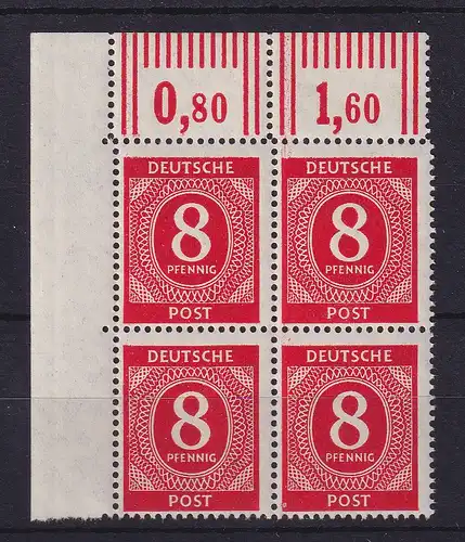 Alliierte Besetzung 1946 Ziffer 8 Pfg Mi.-Nr. 917 WOR Eckrandviererblock ** 