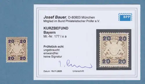 Bayern Wappen Aufdr. 20 seltene Frühauflage Mi.-Nr. 177 I Xa * mit KB Bauer BPP