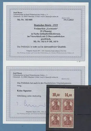 Dt. Reich 35Pfg Germania Mi.-Nr.103 b POR Viererblock ** gpr. mit Befund BPP