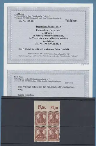 Dt. Reich 35Pfg Germania Mi.-Nr.103 b POR Viererblock ** , gpr. mit Befund BPP