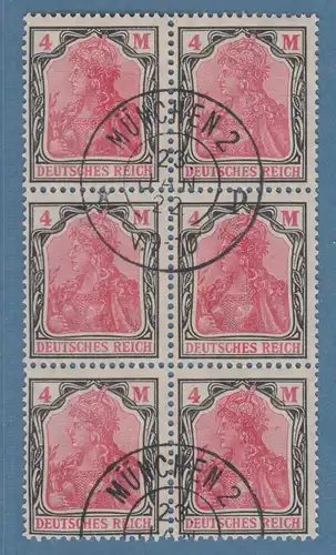 Dt. Reich Germania 4 Mark Mi.-Nr. 153 Sechserblock sauber O München, gpr. Infla