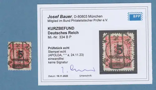 Dt. Reich 1923 5 Mrd. Mark  Mi.-Nr. 334 B  O APOLDA  gpr. mit KB Josef Bauer BPP