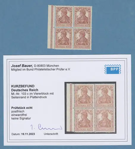 Dt. Reich Germania 35Pfg Mi.-Nr. 103c Viererblock ** gpr mit KB Josef Bauer BPP