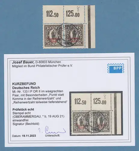 Dt.Reich Bayern Abschied Mi.-Nr 133 I POR II Punkt statt Komma Eckrandpaar O