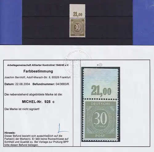 All. Besetzung Ziffer 30 Pfg Mi.-Nr. 928 c POR dgz. ** Befund Bernhöft