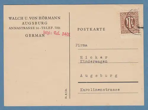 Bizone AM-Post amerik.Druck 10Pfg Mi.-Nr. 6z auf Orts-Postkarte Augsburg 1946