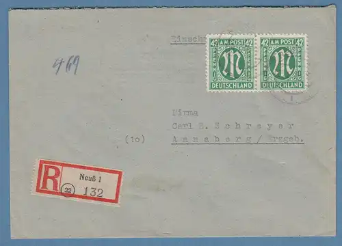 Bizone AM-Post 42Pfg waag. Paar auf R-Brief von Neuß nach Annaberg 3.6.46 
