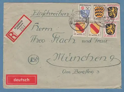 Franz. Zone Wappen 6 Werte auf R-Brief Waldkirch nach München