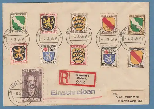 Franz. Zone Wappen Pfennigwerte kpl. auf phil. R-Brief aus Neustadt 8.3.46 