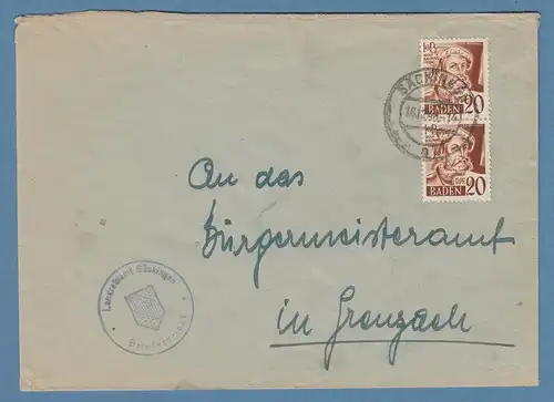 Franz. Zone Baden 20Pfg Mi.-Nr. 21 senkr. Paaer MEF auf Brief, O SÄCKINGEN 