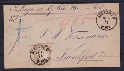 Dt. Reich gr. Brustschild Mi.-Nr. 22 O MEISSEN auf Wertbrief-Vorderseite 1874