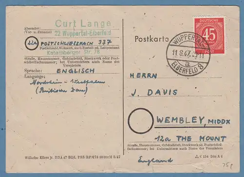 All. Besetzung Ziffer 45 Pfg auf Auslands-Postkarte v. Wuppertal nach England