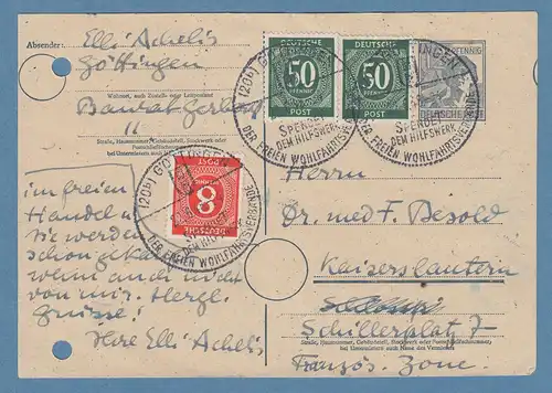 Währungsreform Postkarte vom 22.6.48 mit 10-fach Frankatur aus GÖTTINGEN So.-O
