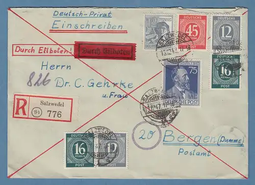 All. Bes. Ziffern-ZSD W158 und S294 auf portoger. R-Eil-Brief aus Salzwedel 1947