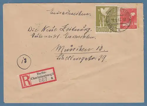 All. Bes. 1 Mark Taube Mi.-Nr. 959 auf R-Brief O BERLIN-CHARLOTTENBURG 19.8.47