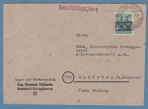 Bizone 16Pfg Bandaufdruck Mi.-Nr. 42 I auf Geschäftspapieren, O REMSCHEID 