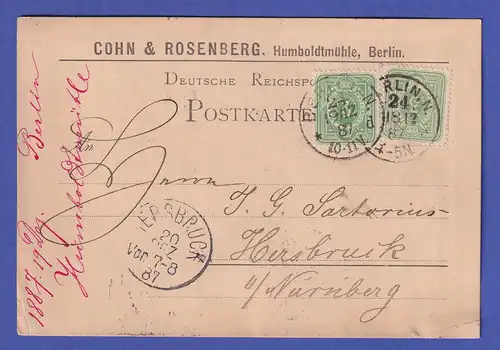 Dt. Reich 3 Pfg Mi.-Nr. 39 c als MEF auf Postkarte O BERLIN nach Hersbruck 1887