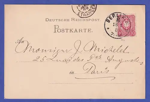 Dt. Reich 10 Pfg Mi.-Nr. 41 b auf Postkarte O BERLIN nach Paris 1889