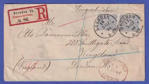 Dt. Reich 20 Pfg Mi.-Nr. 42 a senkr. Paar auf R-Brief O DRESDEN nach London 1884